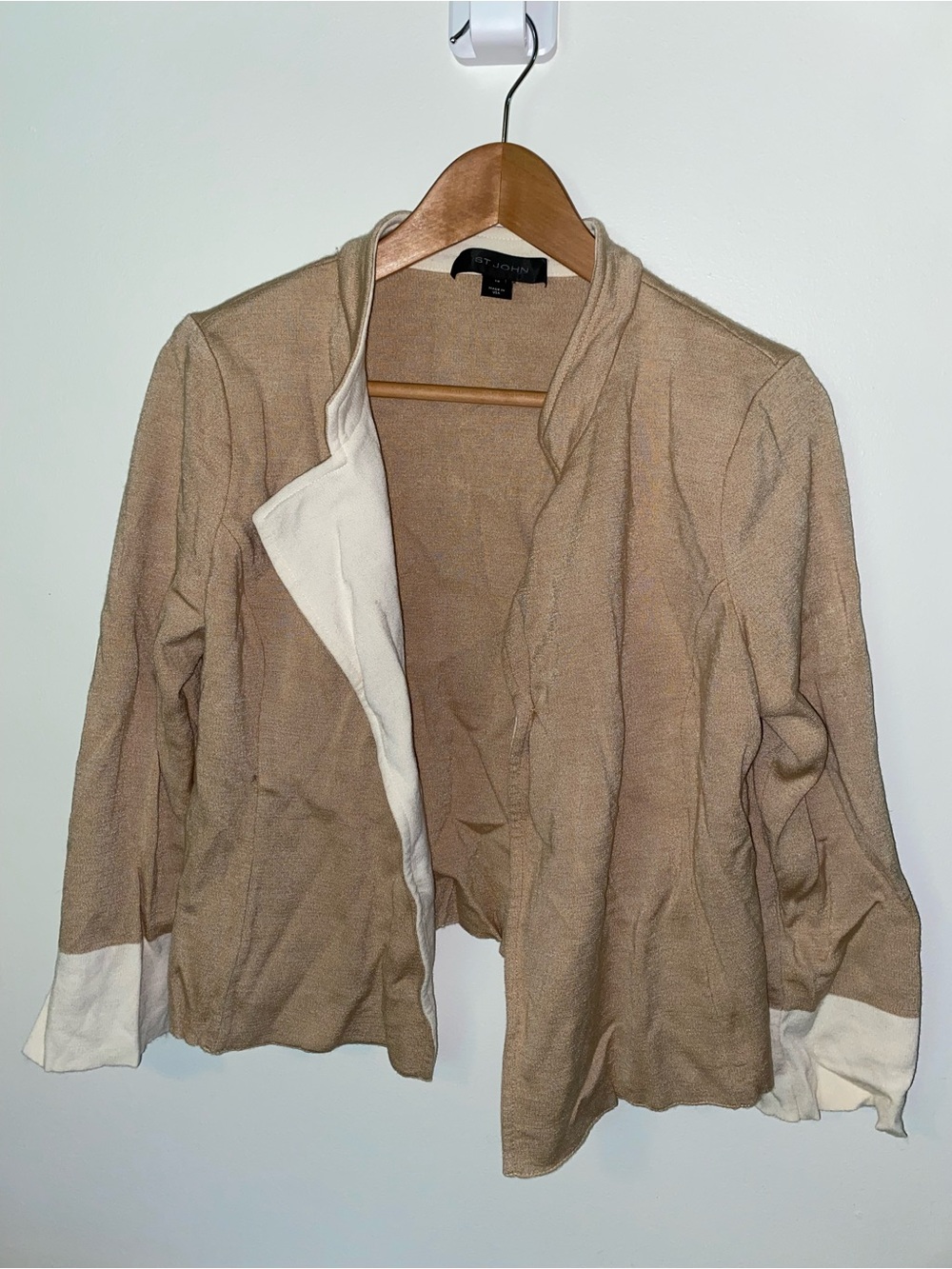 ST. JOHN Tan Open-Front Cardigan with Cream Trim